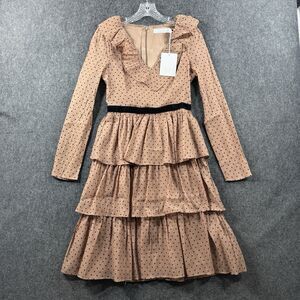 Rachel Parcell Ruffle Tiered Dress 4 Brown Nude Black Polka Dot Long Sleeve